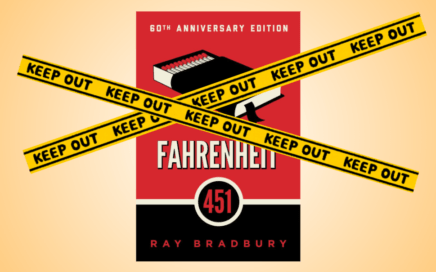 Image of cover of Fahrenheit 451 by Ray Bradbury with caution tape over it saying KEEP OUT.