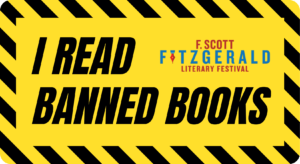 Yellow caution tape design that says I READ BANNED BOOKS sticker.